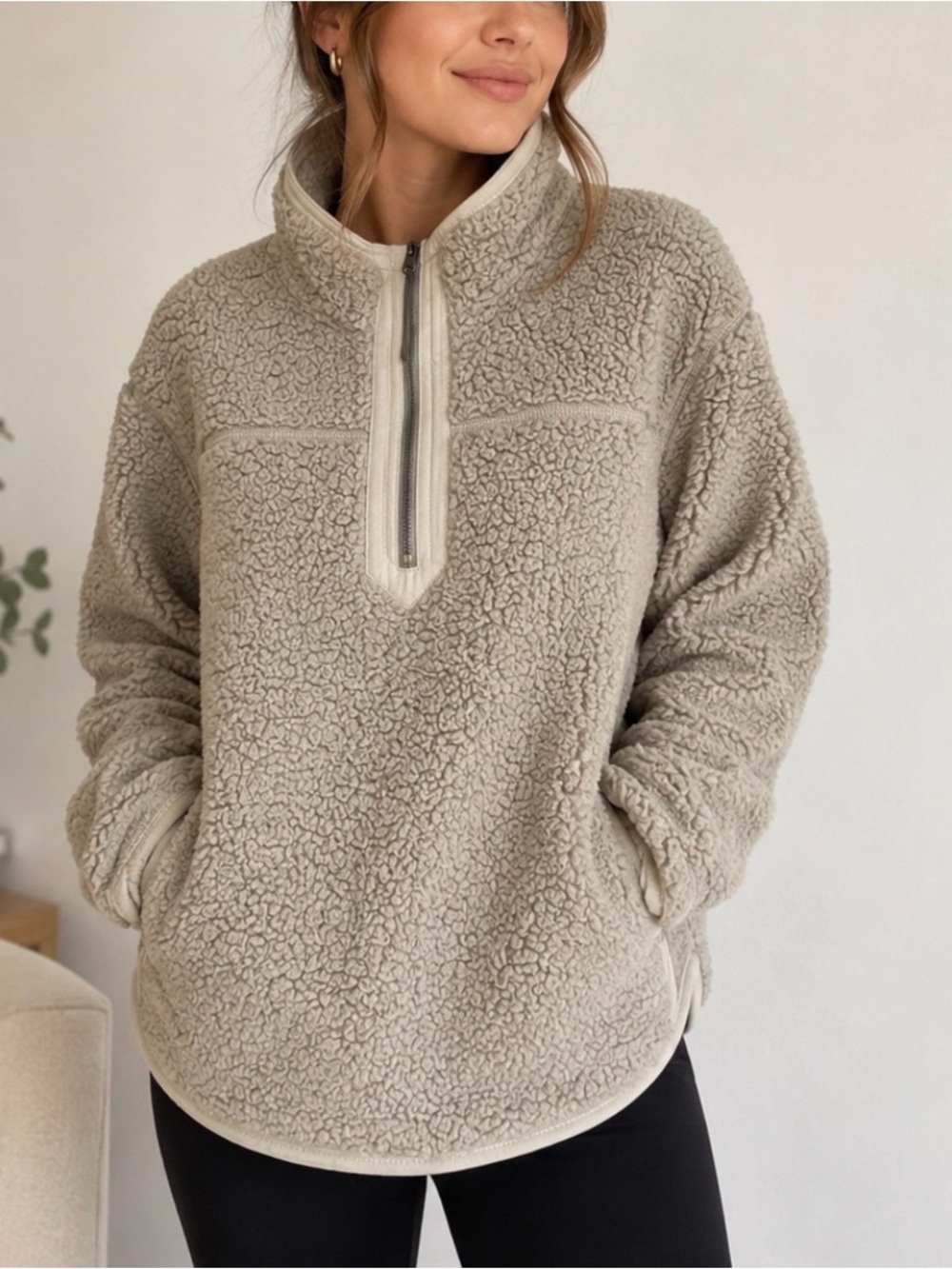Abercrombie & Fitch Taupe Teddy Sherpa Half-Zip Pullover